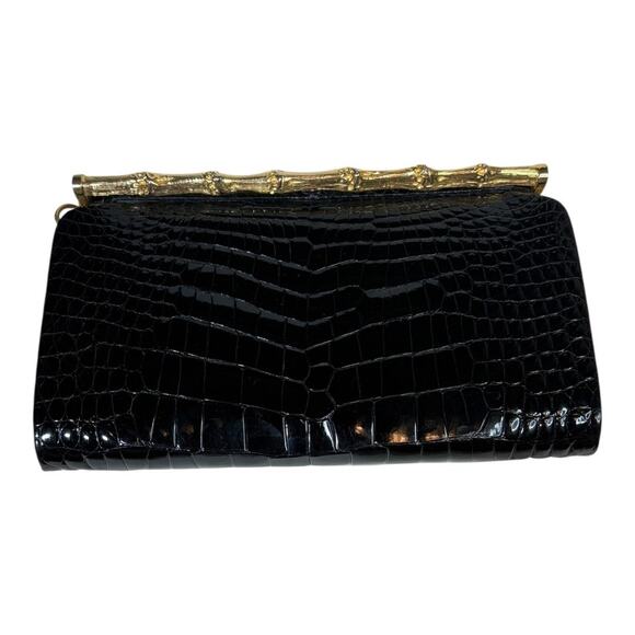 Morabito Vintage Black Crocodile Evening Bag Chain Strap Gold Bamboo - Picture 4 of 7